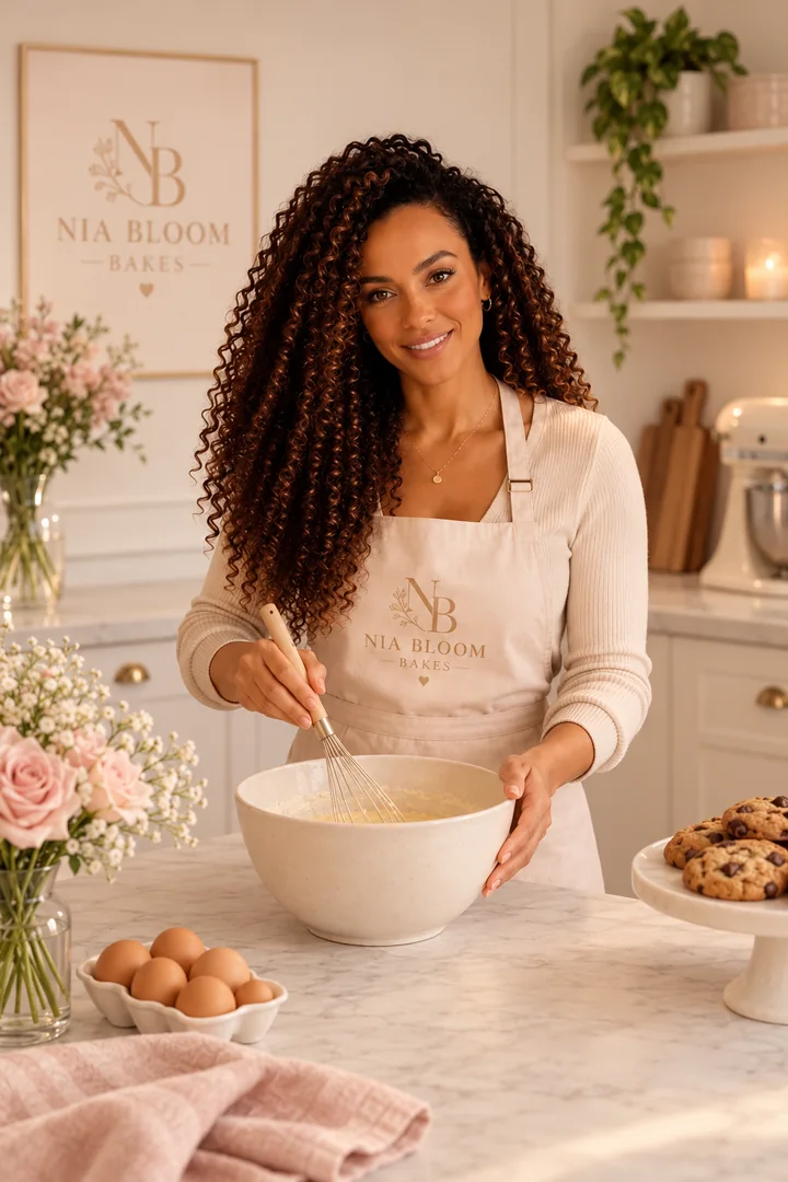 Nia Bloom Bakes brand portrait in a softly styled kitchen