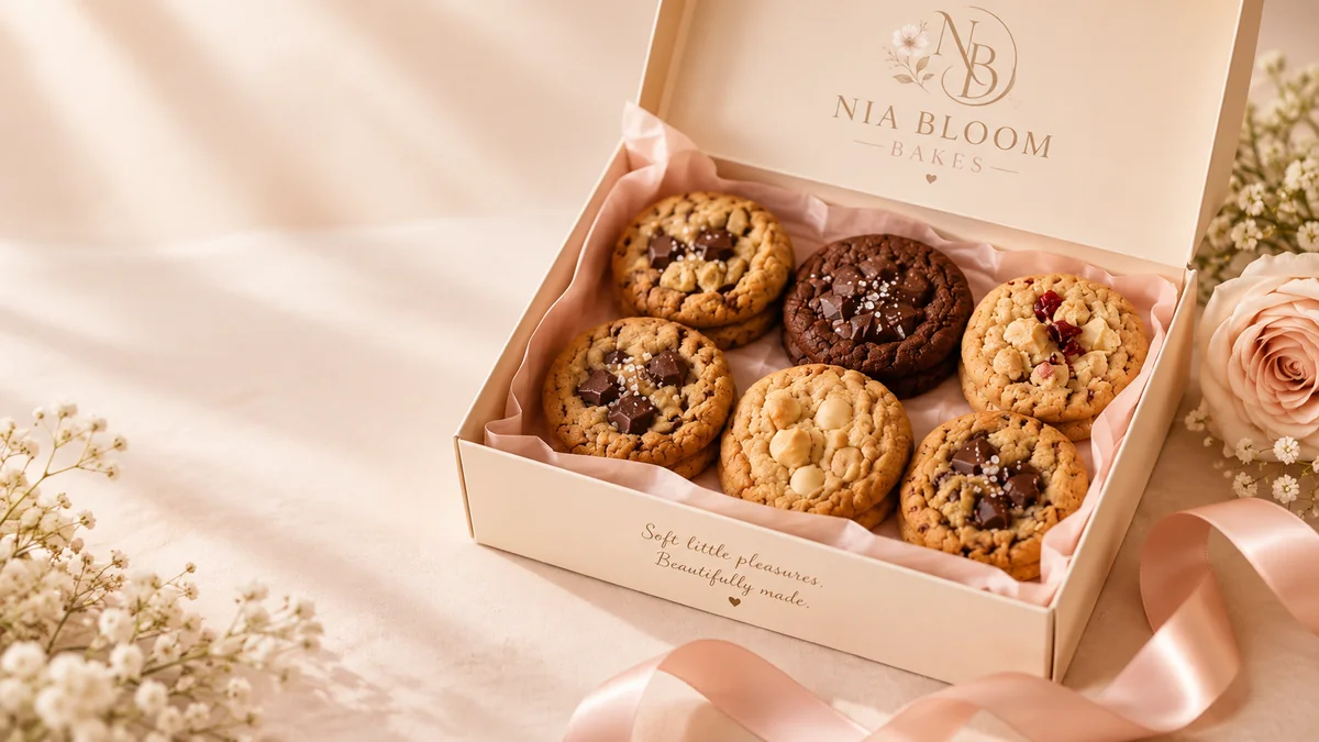 An open Nia Bloom Bakes cookie box with soft linen and floral accents