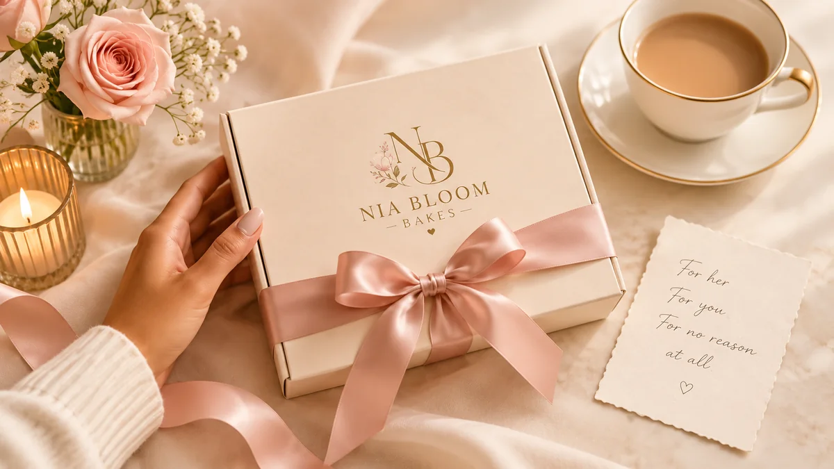 A ribbon-tied Nia Bloom Bakes gift box