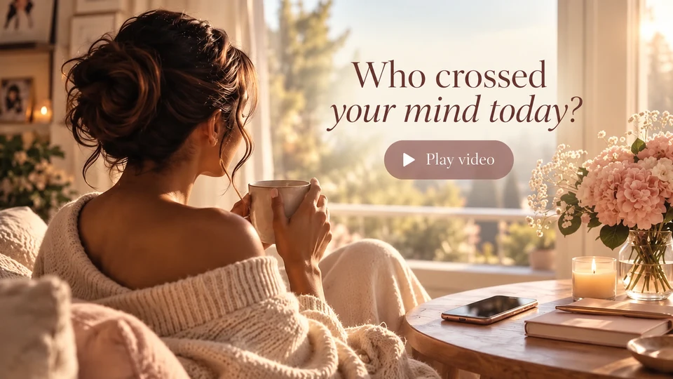Preview image for the Nia Bloom Bakes video showing a cozy window scene with the words Who crossed your mind today? and a Play video button
